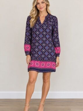 Peach Love California Women’s Navy Geometric Floral Boho Tunic Dress Size Small